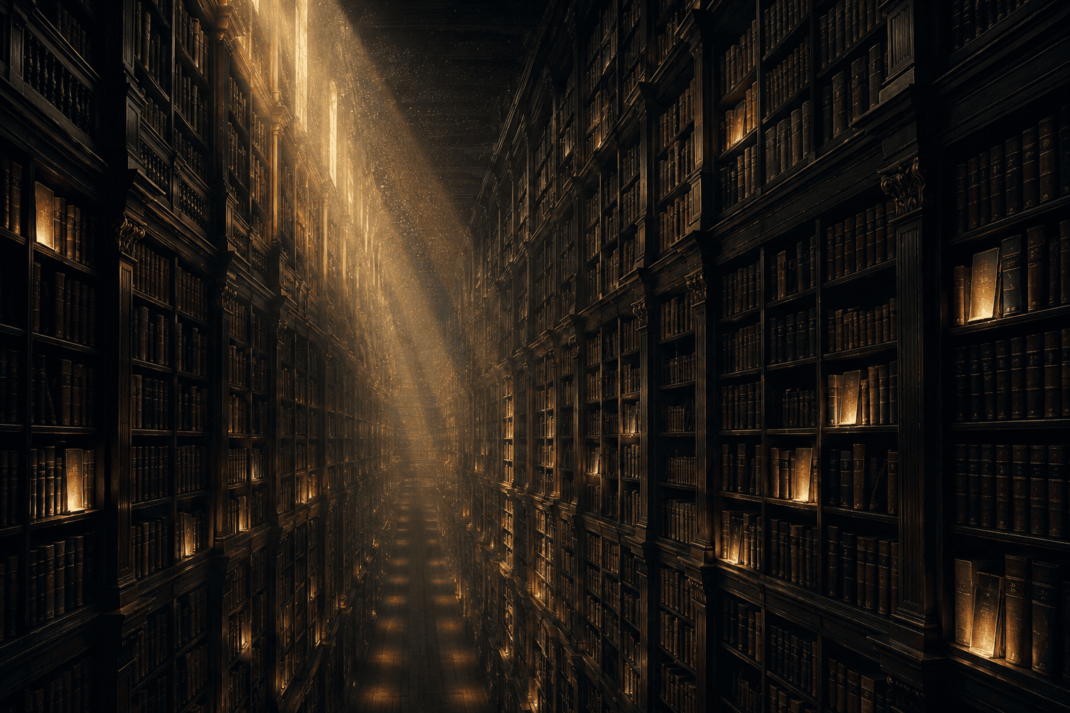 Un couloir de bibliothèque infini, plongé dans une pénombre dorée