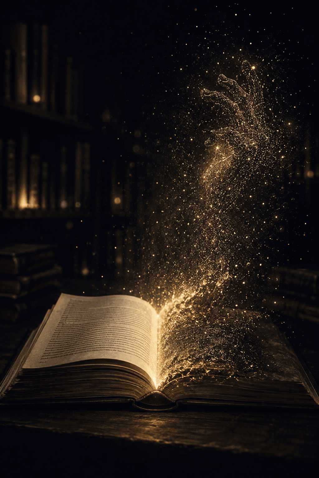 Un livre ouvert dans le noir, dont les pages se dissolvent en une pluie de particules dorées