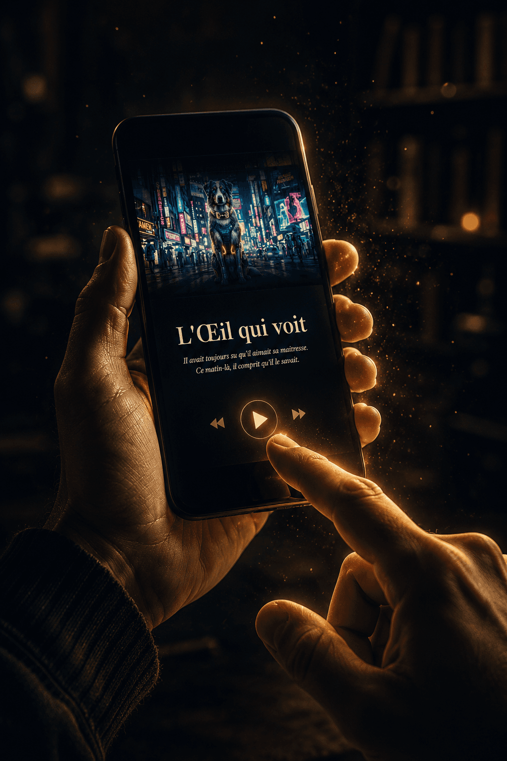 Une main tient un téléphone affichant la couverture et le lecteur audio de la nouvelle L'Œil qui voit